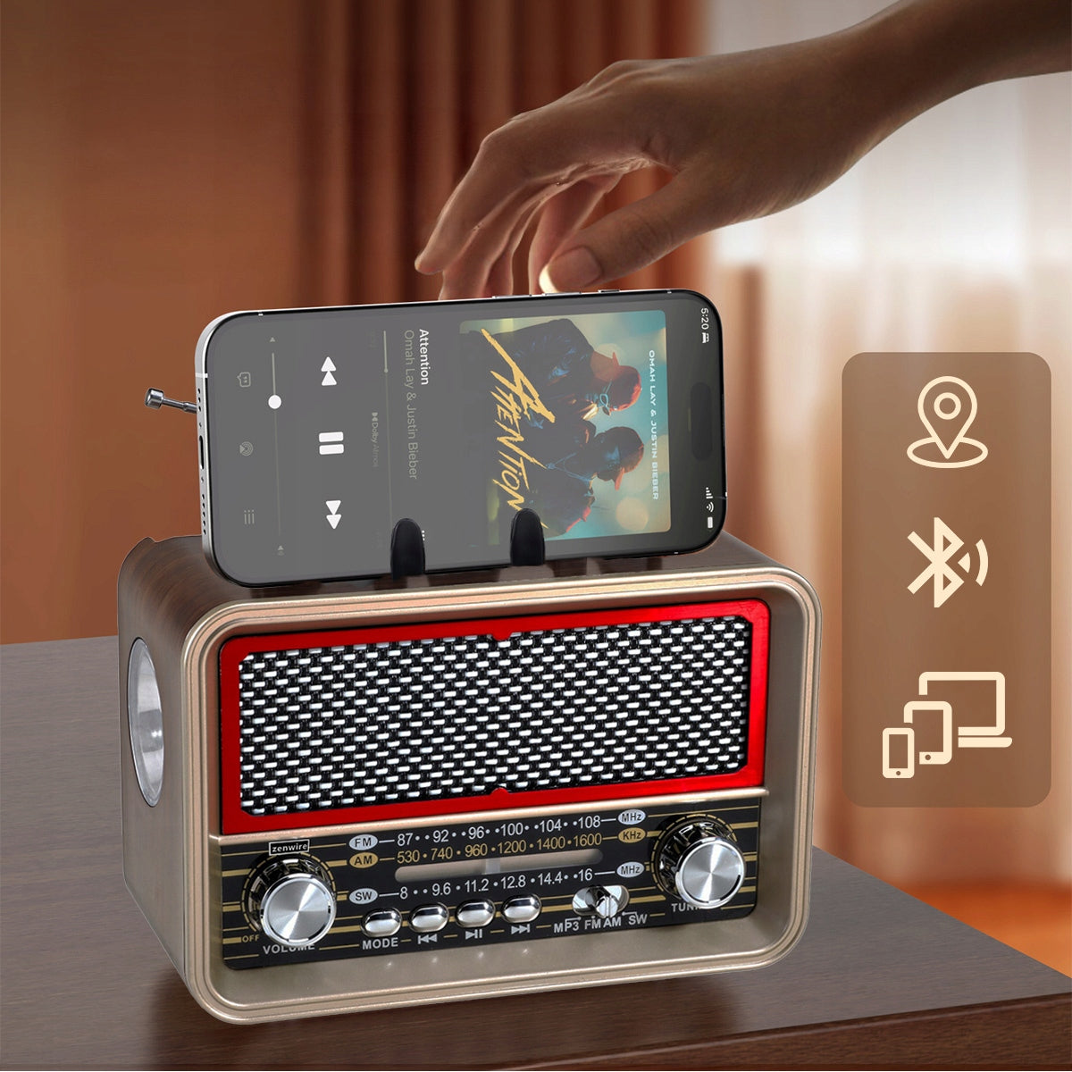 Radio Retro FM Solar Bluetooth Przenośne Battery-Powered Kitchen Antenna USB-C Zenwire BT-S060