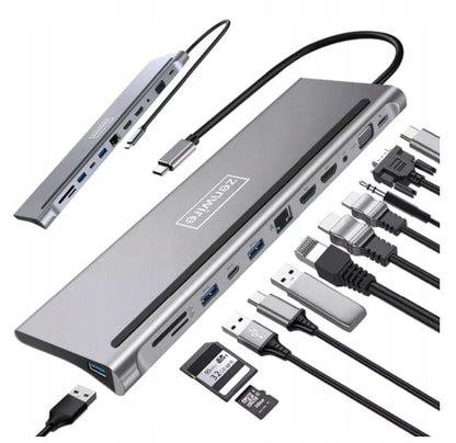 ZENWIRE BYL-2211 USB‑C Docking Station 12v1 - 2× HDMI 4K, VGA, 3× USB 3.0, RJ45 Ethernet, SD/microSD, Mini jack, USB‑C PD 87 W, compatible with MacBook M1/M2/M3