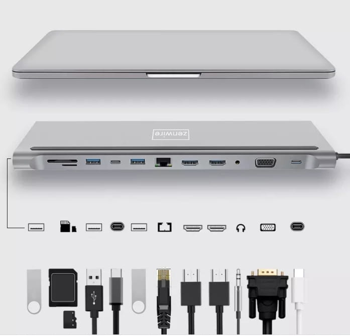 ZENWIRE BYL-2211 USB‑C Docking Station 12v1 - 2× HDMI 4K, VGA, 3× USB 3.0, RJ45 Ethernet, SD/microSD, Mini jack, USB‑C PD 87 W, compatible with MacBook M1/M2/M3