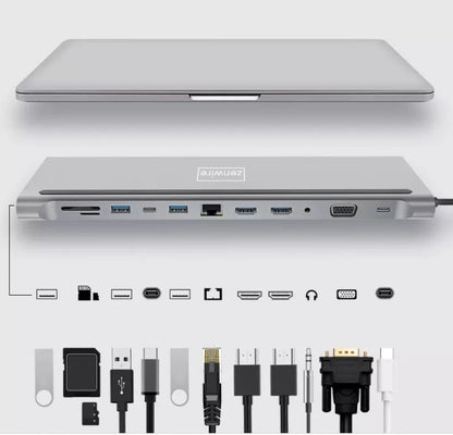 ZENWIRE BYL-2211 USB‑C Docking Station 12v1 - 2× HDMI 4K, VGA, 3× USB 3.0, RJ45 Ethernet, SD/microSD, Mini jack, USB‑C PD 87 W, compatible with MacBook M1/M2/M3