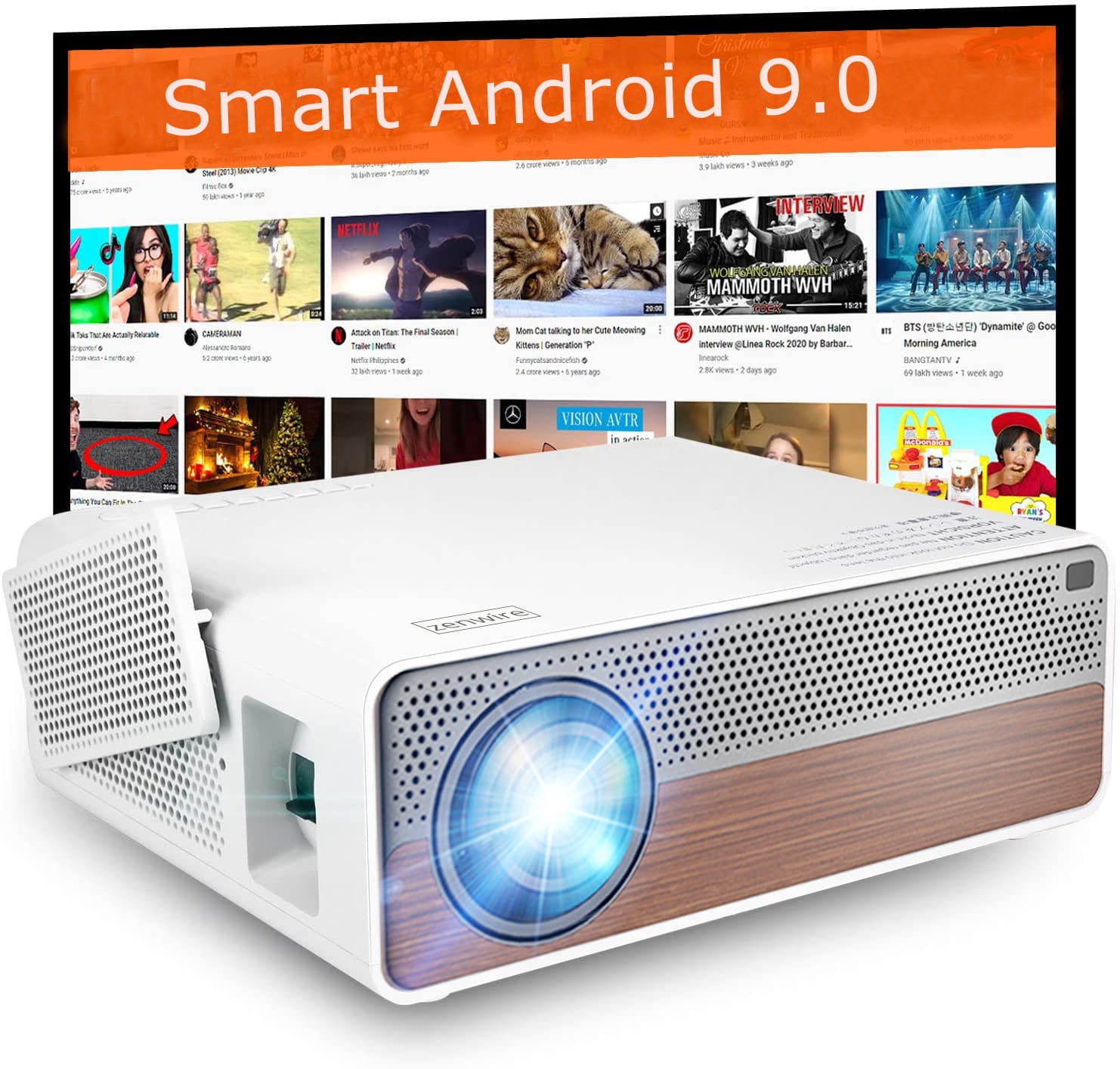 Projector Projector Full HD 4K 19500lm 650 ansi 5000:1 300" Android 9.0 WiFi 2.4/5 GHz Airplay Miracast Bluetooth 4.0 HDMI/VGA/Audio/LAN Zenwire Q9