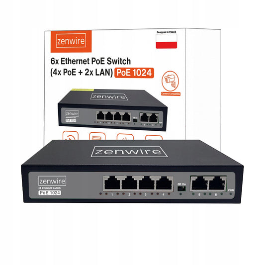 Switch Zasilacz Port Splitter POE LAN 8 Portów 6 Ethernet RJ45 100Mbps Kamer Zenwire 1024