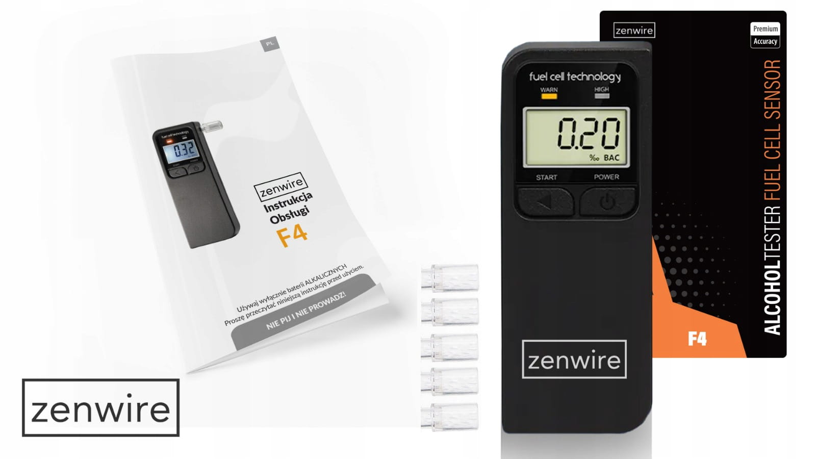 Breathalyzer Professional Elektrochemiczny with Wyświetlaczem elektronicznym LCD cyfrowym and 5 ustnikami w zestawie Zenwire F4