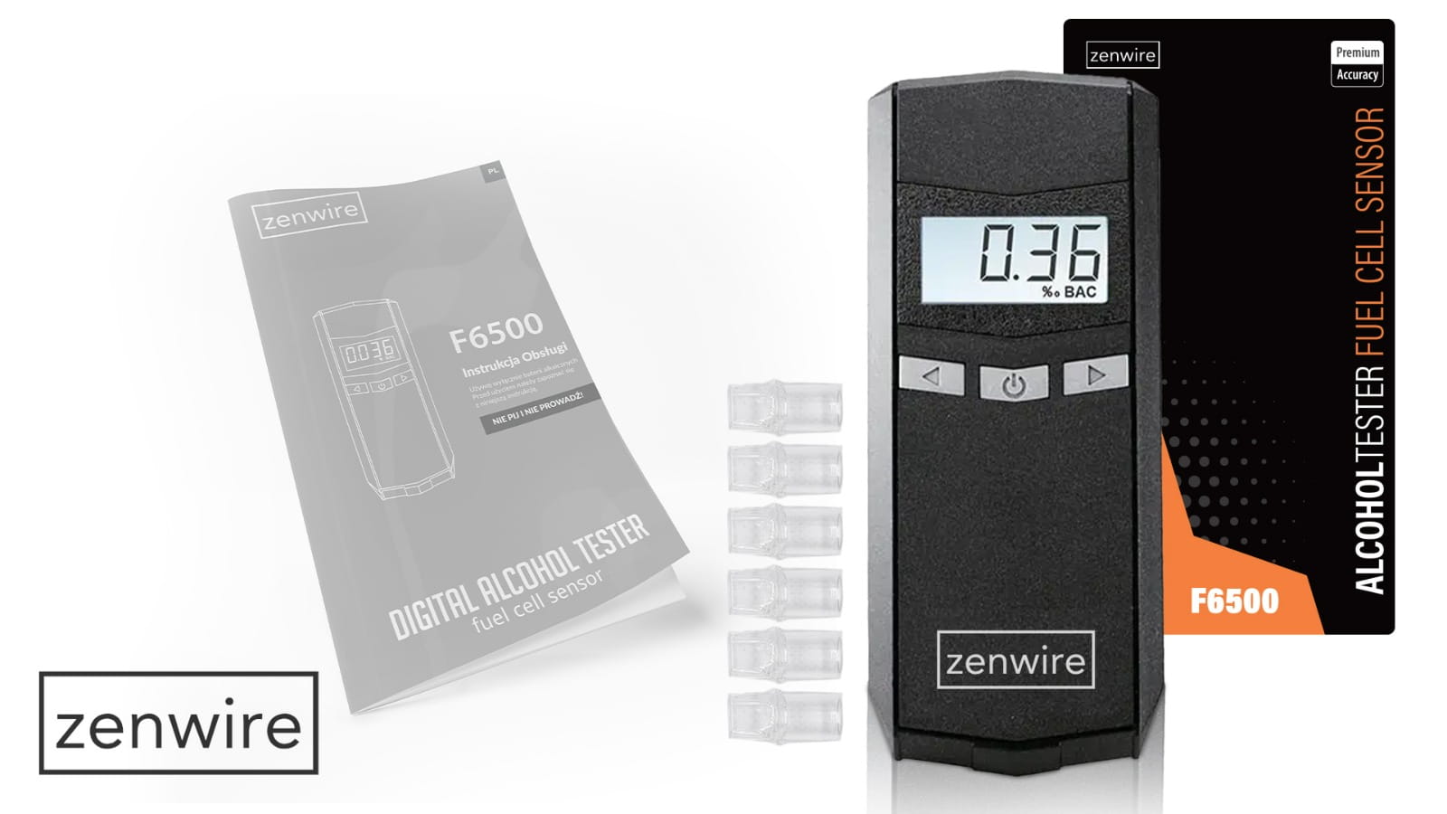 Breathalyzer Professional Elektrochemiczny with Wyświetlaczem elektronicznym LCD cyfrowym and 6 ustnikami w zestawie Zenwire F6500