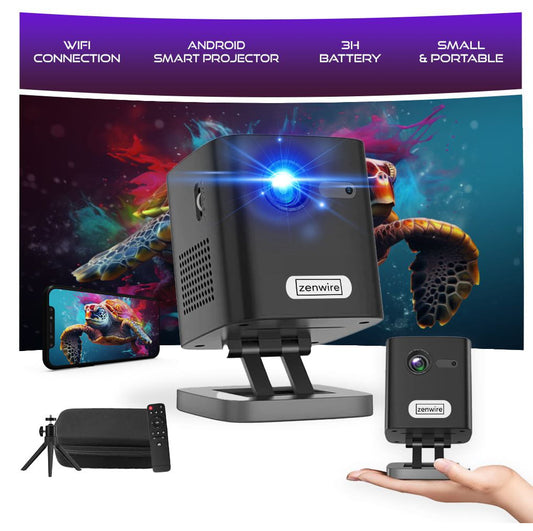 Mini Projector DLP Portable Projector Full HD 4K WiFi Android with wbudowaną baterią + Statyw + Case ochronne Zenwire c1000