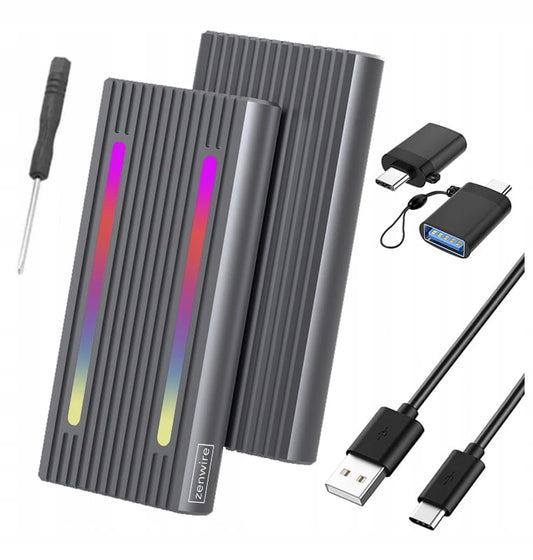 Enclosure na Drive SSD m2 4w1 NVME Pcie SATA NGFF M.2 USB-C USB 3.0 10 GB/s Adapter Enclosure LED RGB Zenwire 2808SN