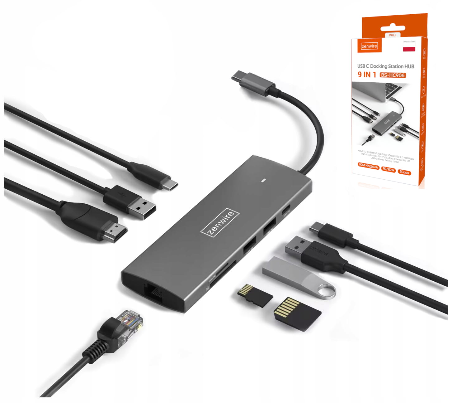 HUB USB-C 3.1 Adapter 9w1 HDMI 2.0 4K 60Hz Gigabit Ethernet 1000 MBps RJ-45 USB 3.0 Power Delivery 100W for MacBook M1 M2 M3 and Windows Zenwire HC906