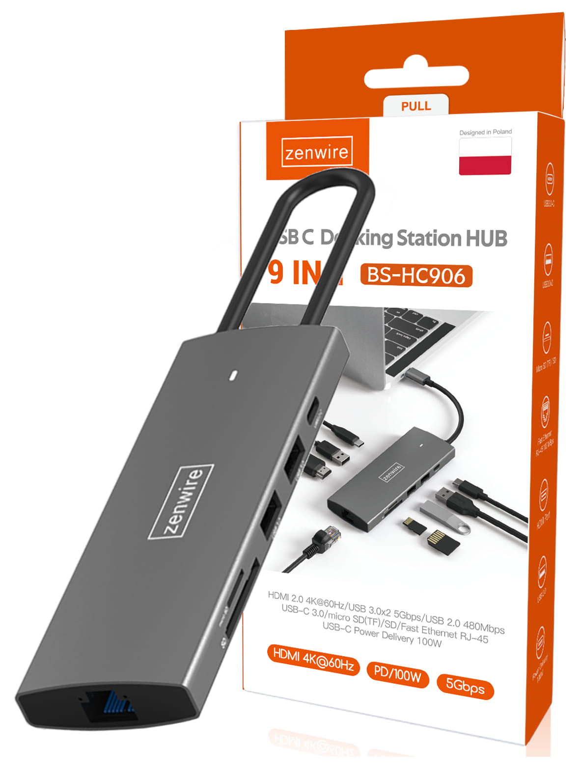HUB USB-C 3.1 Adapter 9w1 HDMI 2.0 4K 60Hz Gigabit Ethernet 1000 MBps RJ-45 USB 3.0 Power Delivery 100W for MacBook M1 M2 M3 and Windows Zenwire HC906