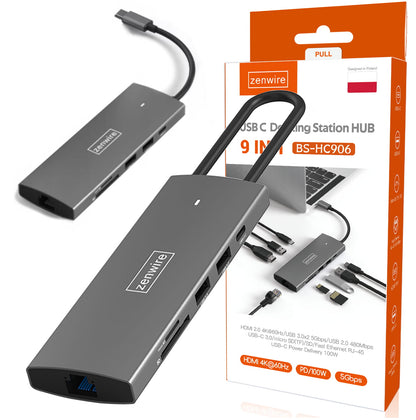 HUB USB-C 3.1 Adapter 9w1 HDMI 2.0 4K 60Hz Gigabit Ethernet 1000 MBps RJ-45 USB 3.0 Power Delivery 100W for MacBook M1 M2 M3 and Windows Zenwire HC906