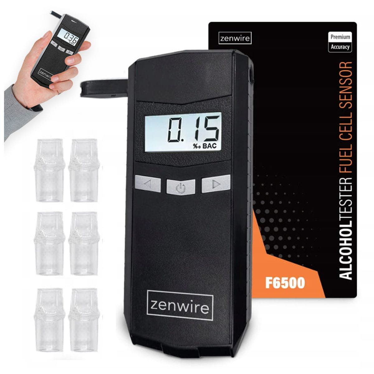 Breathalyzer Professional Elektrochemiczny with Wyświetlaczem elektronicznym LCD cyfrowym and 6 ustnikami w zestawie Zenwire F6500