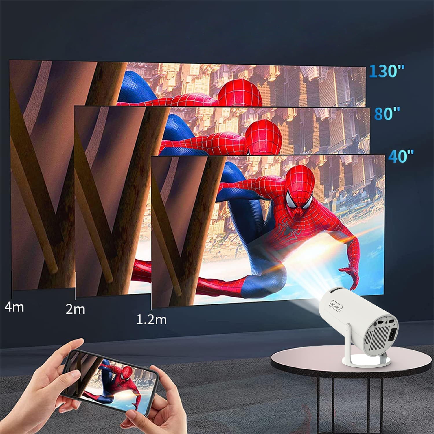 Portable Mini Projector ANDROID 13 WiFi Projector OBROTOWY FULL HD 4K Bluetooth Autokeystone 4D Zenwire R1 360
