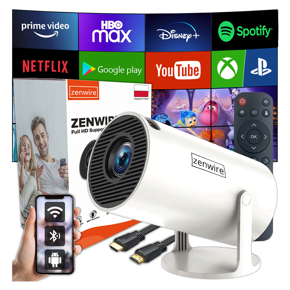 Portable Mini Projector ANDROID 13 WiFi Projector OBROTOWY FULL HD 4K Bluetooth Autokeystone 4D Zenwire R1 360