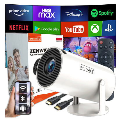 Portable Mini Projector ANDROID 13 WiFi Projector OBROTOWY FULL HD 4K Bluetooth Autokeystone 4D Zenwire R1 360