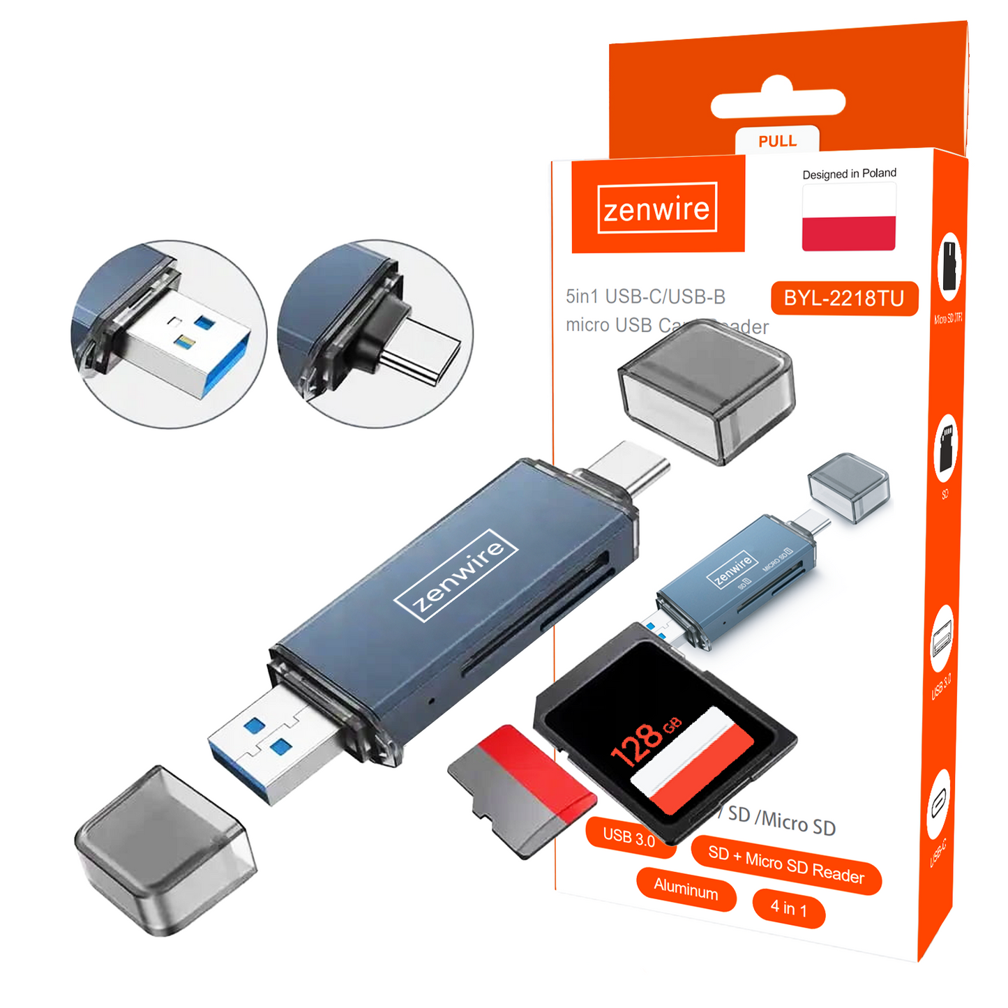 USB 3.0 USB-C Adapter 4v1 SD + MICRO SD TF 5 Gb/s for 2TB BYL-2218TU Card Reader SD