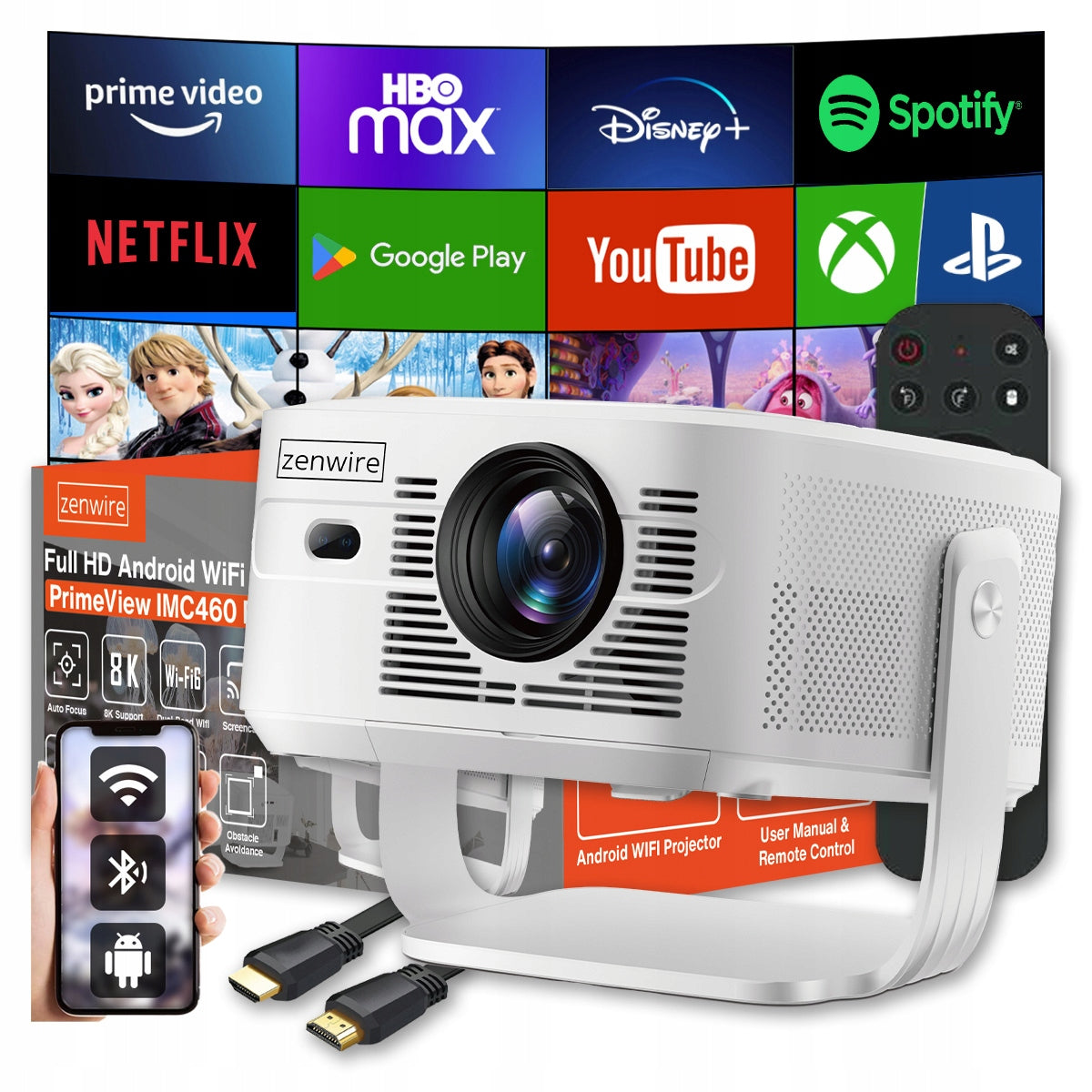 Mini Portable Projector Android 14 WiFi Full HD 4K 8K for Phone Zenwire PrimeView IMC460 Pro