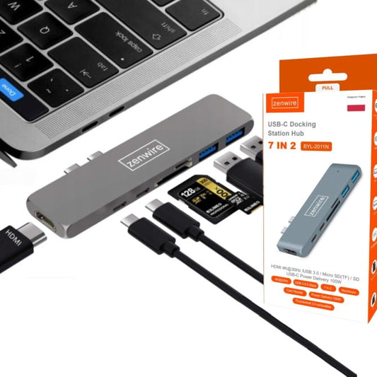 7-v-1 Adapter USB-C, HDMI 4K, SD, Thunderbolt 3.0, USB 3.0 for MacBook Pro, Air, M1, M2, M3 - Zenwire BYL-2011N