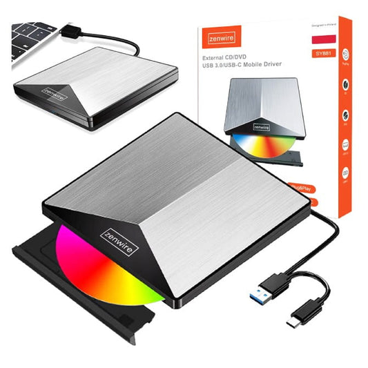 External Drive Portable Disc Player DVD CD RW 2w1 USB 3.0 and USB-C 3.1 for laptopa and komputera Writer ALUMINIOWY Zenwire SY881