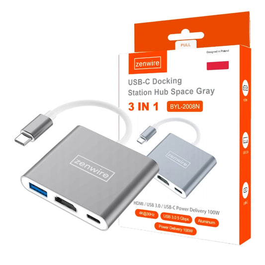 Zenwire BYL-2008N 3-v-1 USB‑C hub Adapter (HDMI 4K, USB 3.0, Power Delivery 100 W) for MacBook, Thunderbolt 3 in Samsung DeX