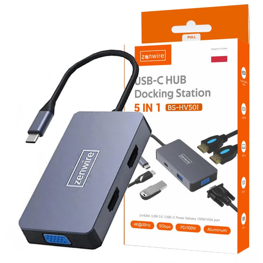 HUB 5W1 USB-C 2x HDMI 4K/VGA/USB/PD Zenwire HV501