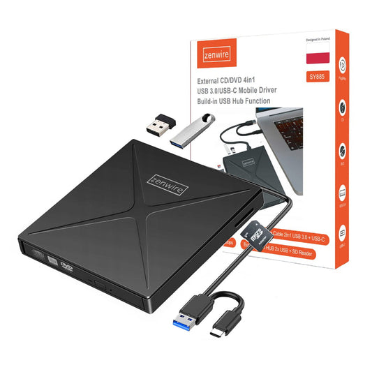 Portable External Drive DVD-CD RW HUB USB-C USB 3.0 Zenwire 4w1 Card Reader SD Zenwire SY885