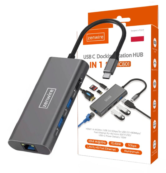 USB-C HUB 9W1 HDMI USB SD Ethernet BS-HC801