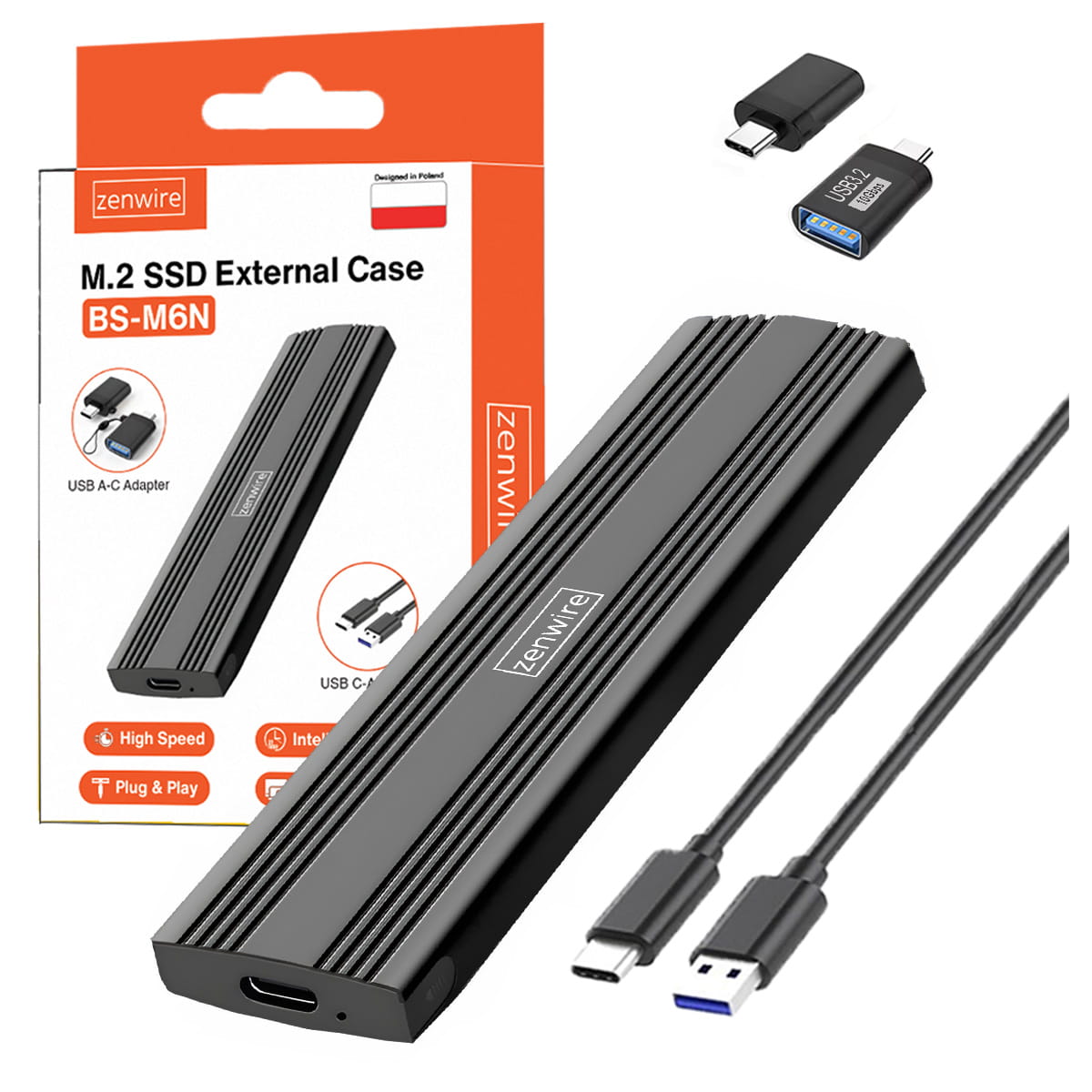 Enclosure SSD Adapter m.2 NVME PCie USB-C Czytnik dysków Enclosure na Drive m.2 2230 2242 2260 2280 Zenwire BS-M6N
