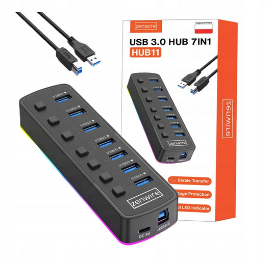 HUB 7x USB 3.0 Aktivni Port Splitter 7v1 USB-C RGB LED 5GB Zenwire HUB11