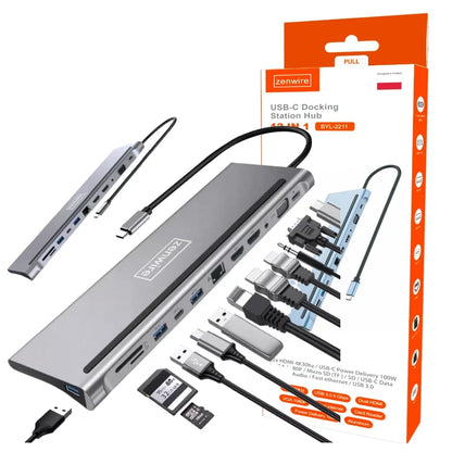 ZENWIRE BYL-2211 USB‑C Docking Station 12v1 - 2× HDMI 4K, VGA, 3× USB 3.0, RJ45 Ethernet, SD/microSD, Mini jack, USB‑C PD 87 W, compatible with MacBook M1/M2/M3