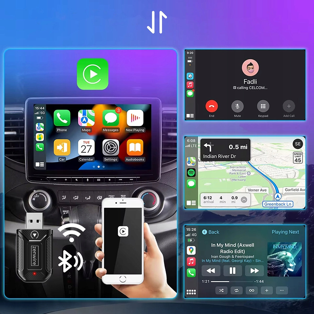 Mini Adapter Carplay Android Auto Bezprzewodowy CarLink Audio USB USB-C 10m Zenwire M30