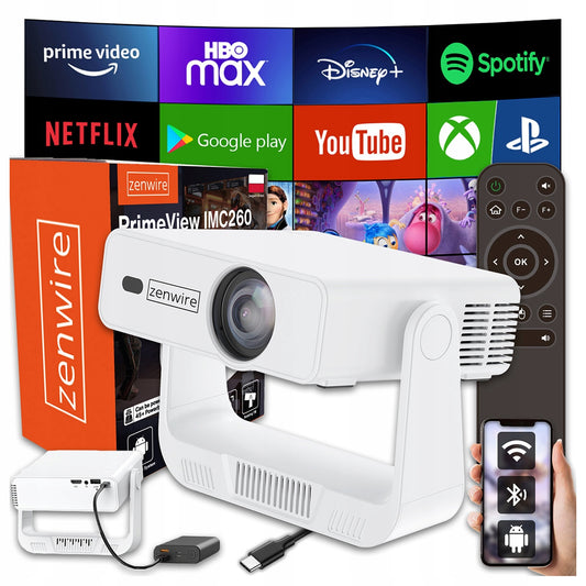 Portable Mini Projector Zenwire PrimeView IMC260 with Androidom 14, Wi‑Fi 6 in Bluetooth 5.0, 350 ANSI, HD 720p s podporo 4K, USB‑C napajanje 45 W, automatic keystone 4D in elektronsko focus