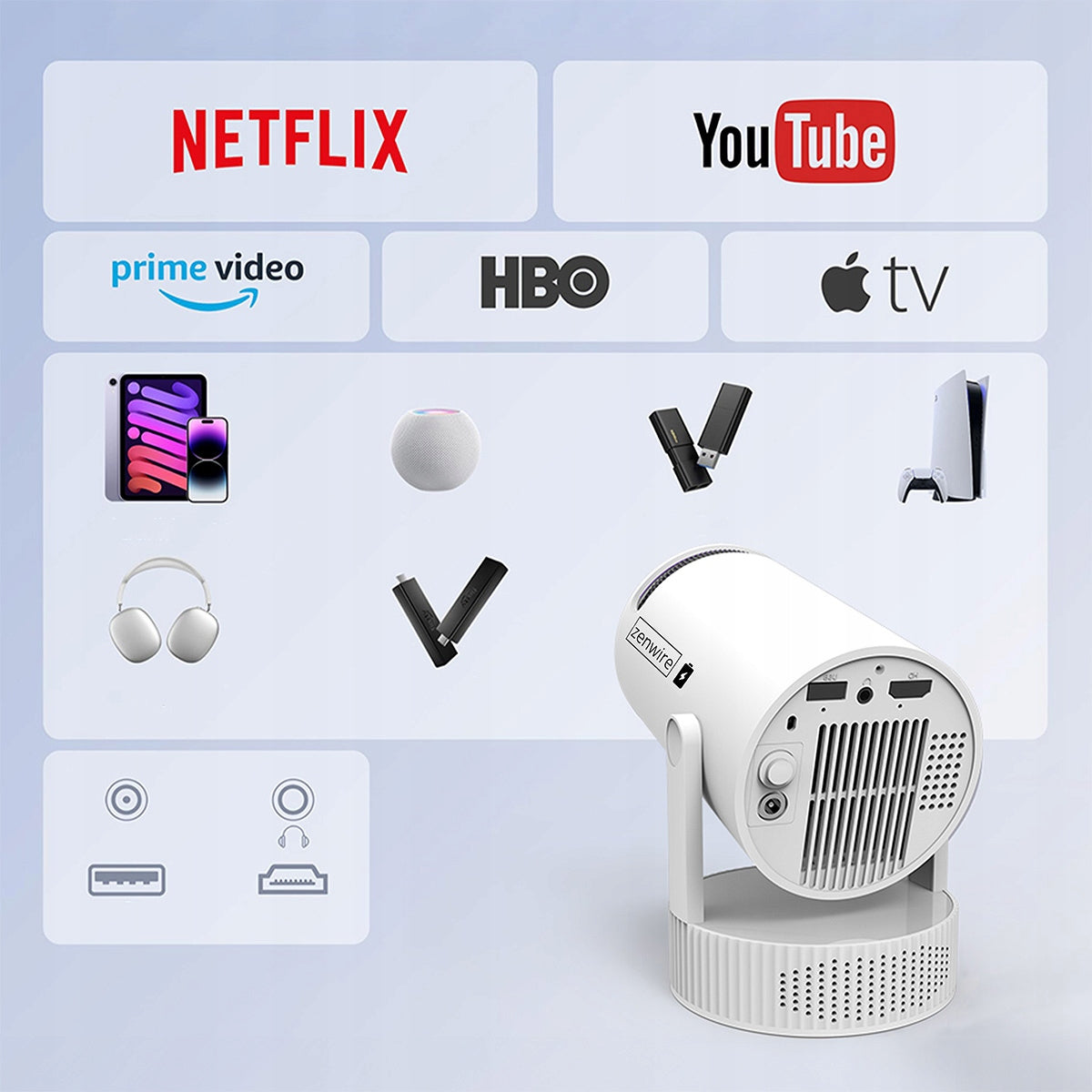 Zenwire K400 Portable Mini Android WiFi Projector Full HD Bluetooth Projector with battery