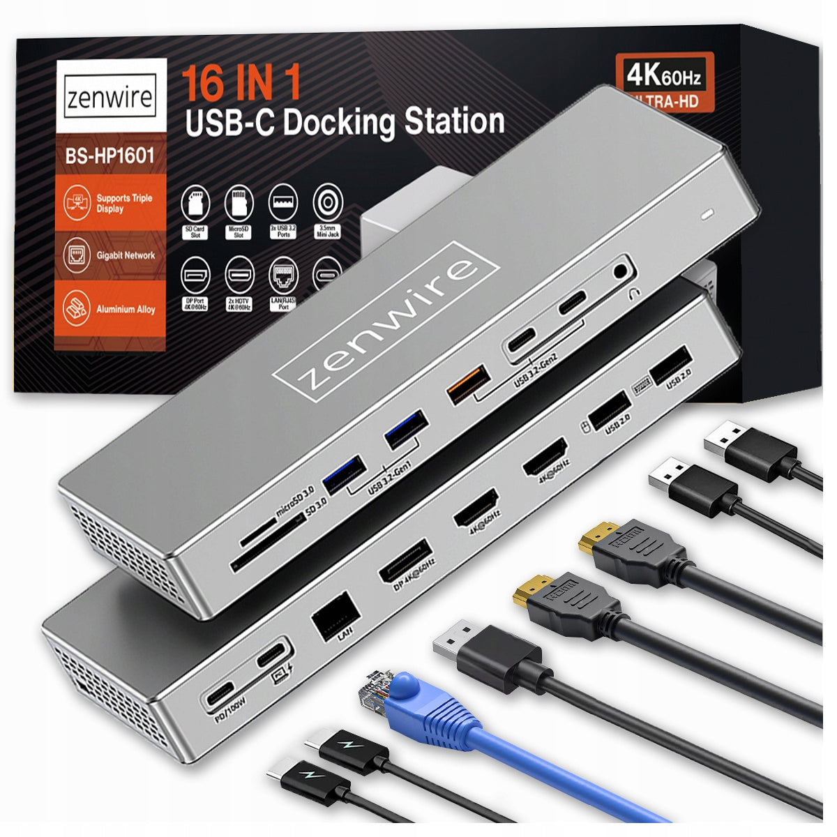 Docking Station Hub USB-C 16w1 2x HDMI 4K 60Hz Display Port 1.4 USB SD Jack Zenwire BS-HD1601
