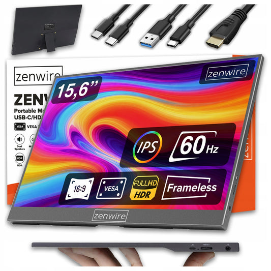 Portable monitor USB-C Full HD 1920x1080 IPS HDR HDMI for Laptopa 15.6 cali Zenwire AMG15