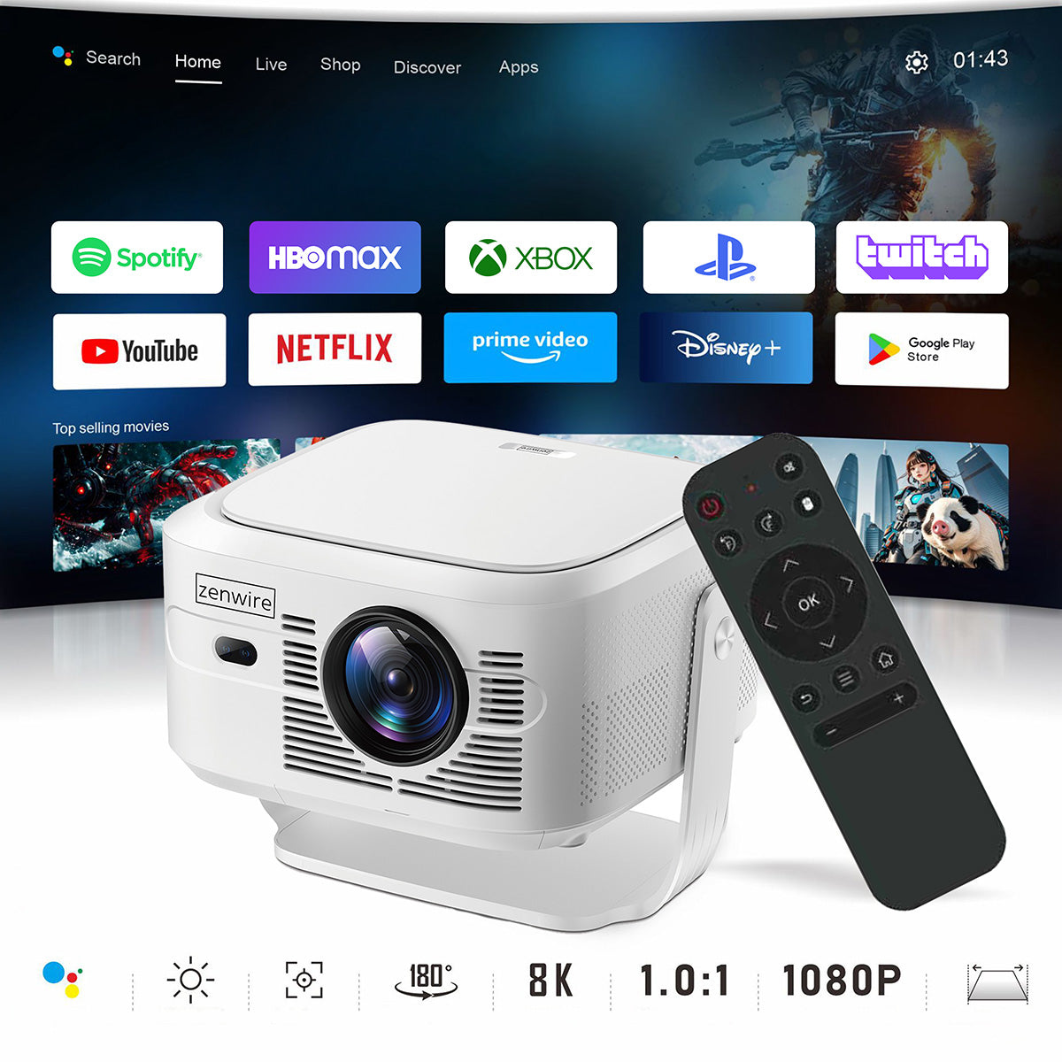 Mini Portable Projector Android 14 WiFi Full HD 4K 8K for Phone Zenwire PrimeView IMC460 Pro