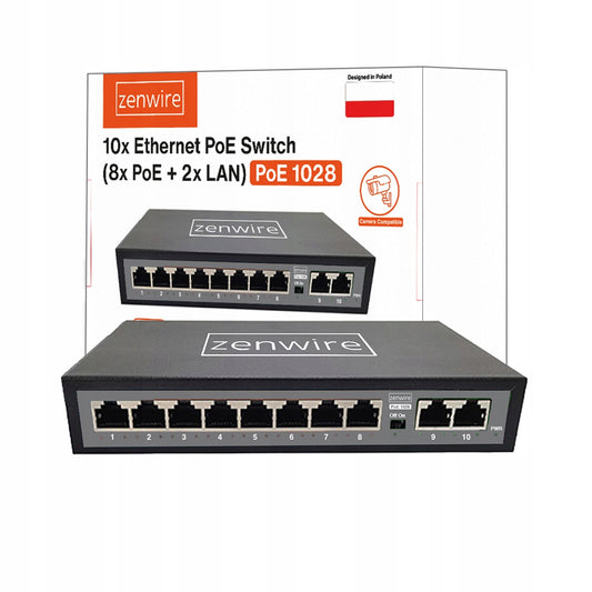 Switch Port Splitter Portów 10 Portów 8 POE 2 LAN Ethernet RJ45 for Kamer IP Zenwire 1028