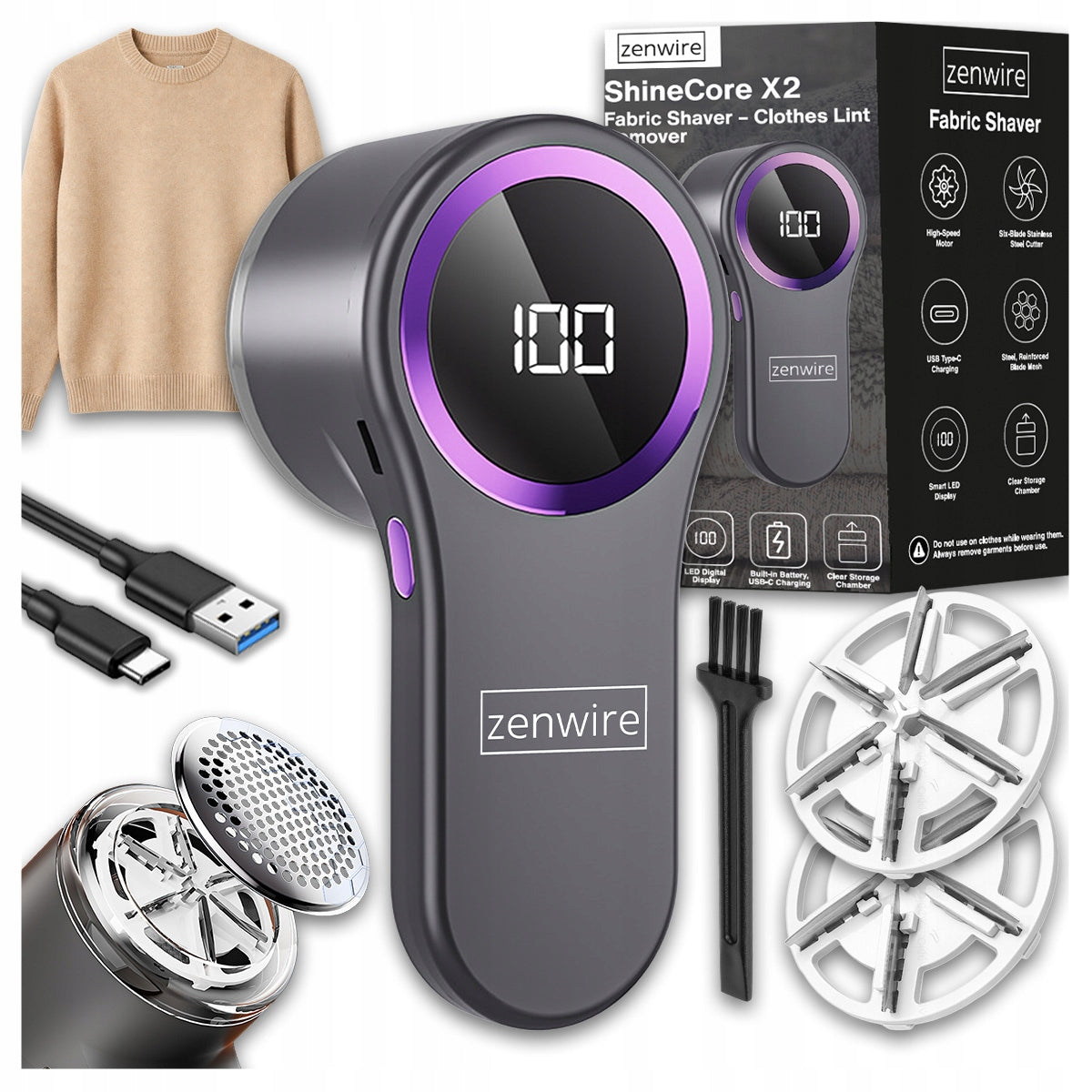 Shaver Trimmer Fabric Sweater Electric Rechargeable Sieciowa USB-C X2