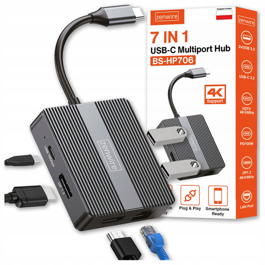 Hub USB-C 7w1 Adapter USB 3.0 HDMI 4K 60Hz Display Port Gigabit RJ-45 1000M Zenwire BS-HP706