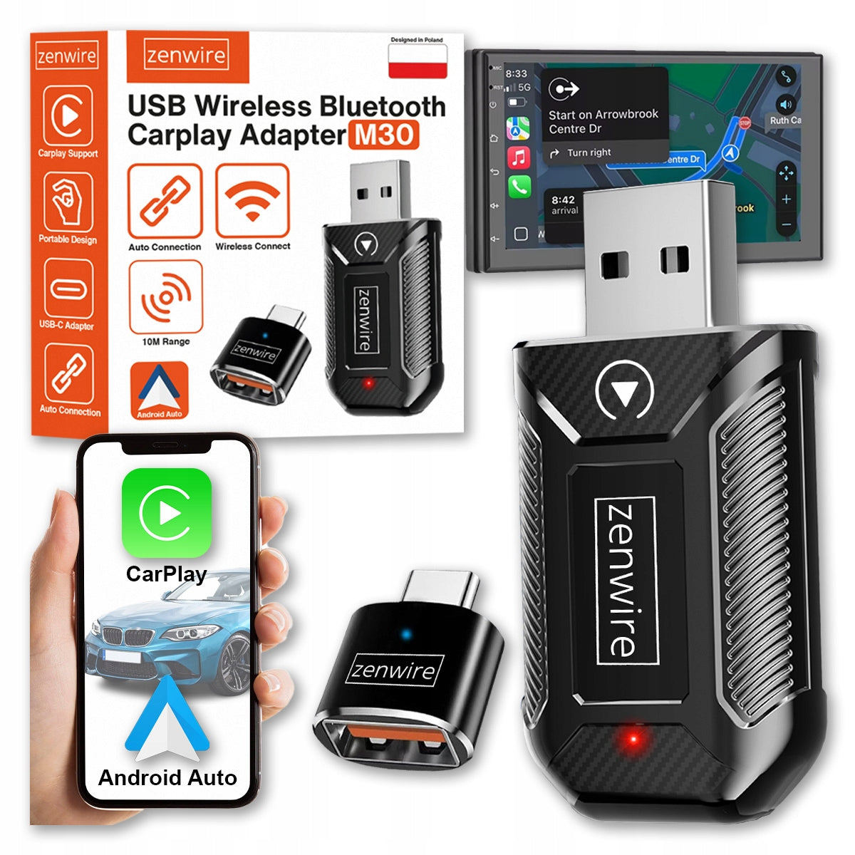 Mini Adapter Carplay Android Auto Bezprzewodowy CarLink Audio USB USB-C 10m Zenwire M30