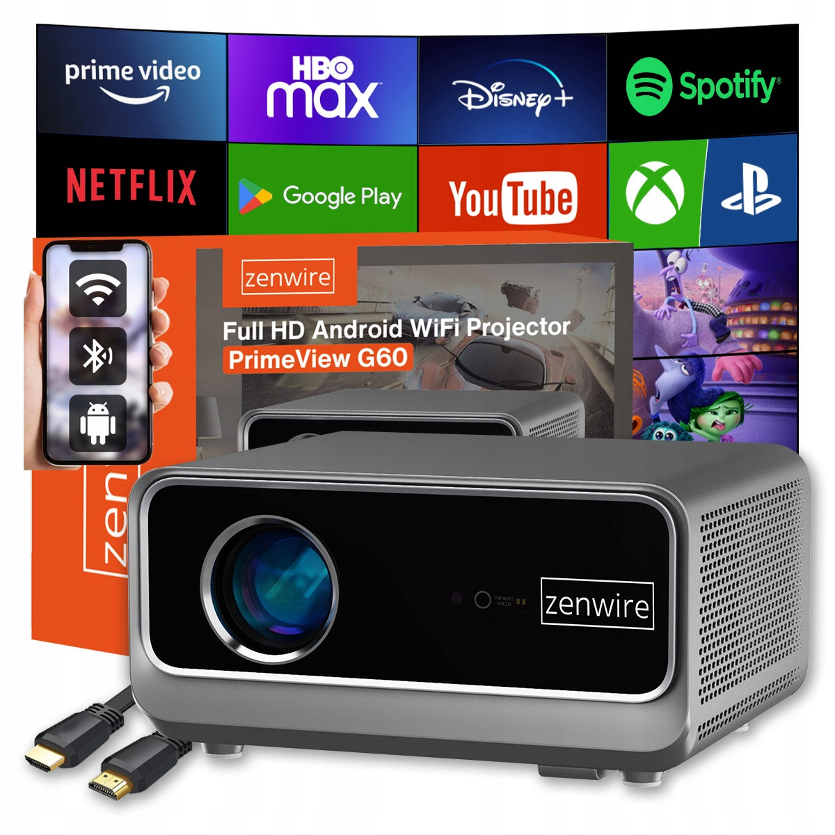 Portable smart Projector Zenwire PrimeView G60, Full HD 1080p, support 4K, 1300 ANSI, Android/Google TV 14, Wi‑Fi 6, Bluetooth 5.2, AutoFocus in 4D Auto Keystone