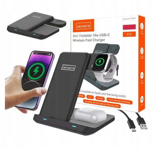 Charger Wireless 3w1 USB-C Wireless for Phone Smartfona Zegarka Watch Słuchawek TWS Airpods Buds Zenwire X12