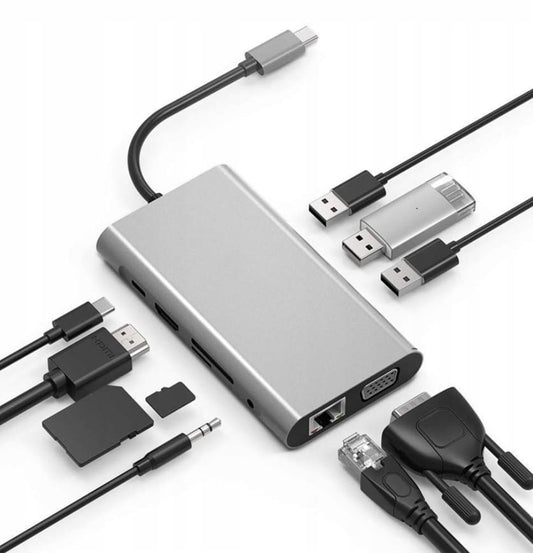HUB USB-C 11w1 Adapter HDMI 4K VGA Jack SD Gigabit Ethernet RJ45 USB 3.0 for MacBook M1 M2 M3
