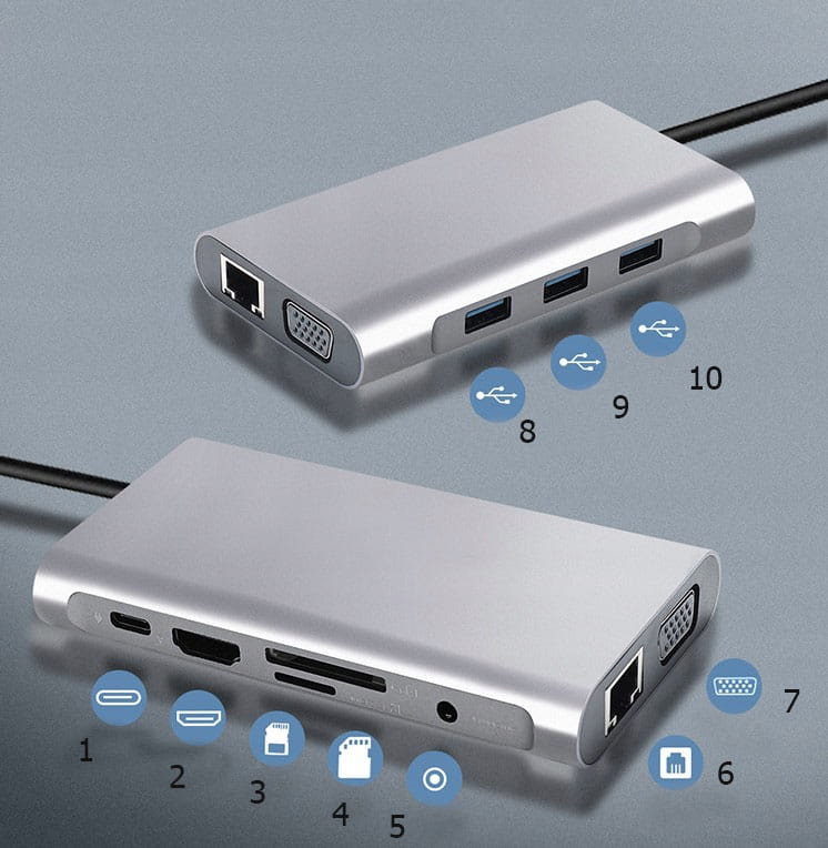 HUB USB-C 11w1 Adapter HDMI 4K VGA Jack SD Gigabit Ethernet RJ45 USB 3.0 for MacBook M1 M2 M3