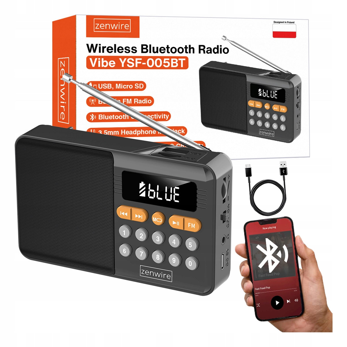 Mini FM Radio Bluetooth Przenośne Battery-Powered Kitchen Speaker Bezprzewodowy Zenwire YSF-005BT