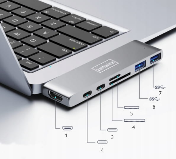 7-v-1 Adapter USB-C, HDMI 4K, SD, Thunderbolt 3.0, USB 3.0 for MacBook Pro, Air, M1, M2, M3 - Zenwire BYL-2011N