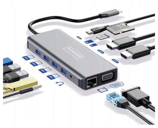 Adapter HUB 12w1 USB-C 2x HDMI VGA USB 3.0 Gigabit Ethernet BYL-2006RJ-45 Mini Jack SD LAN Zenwire