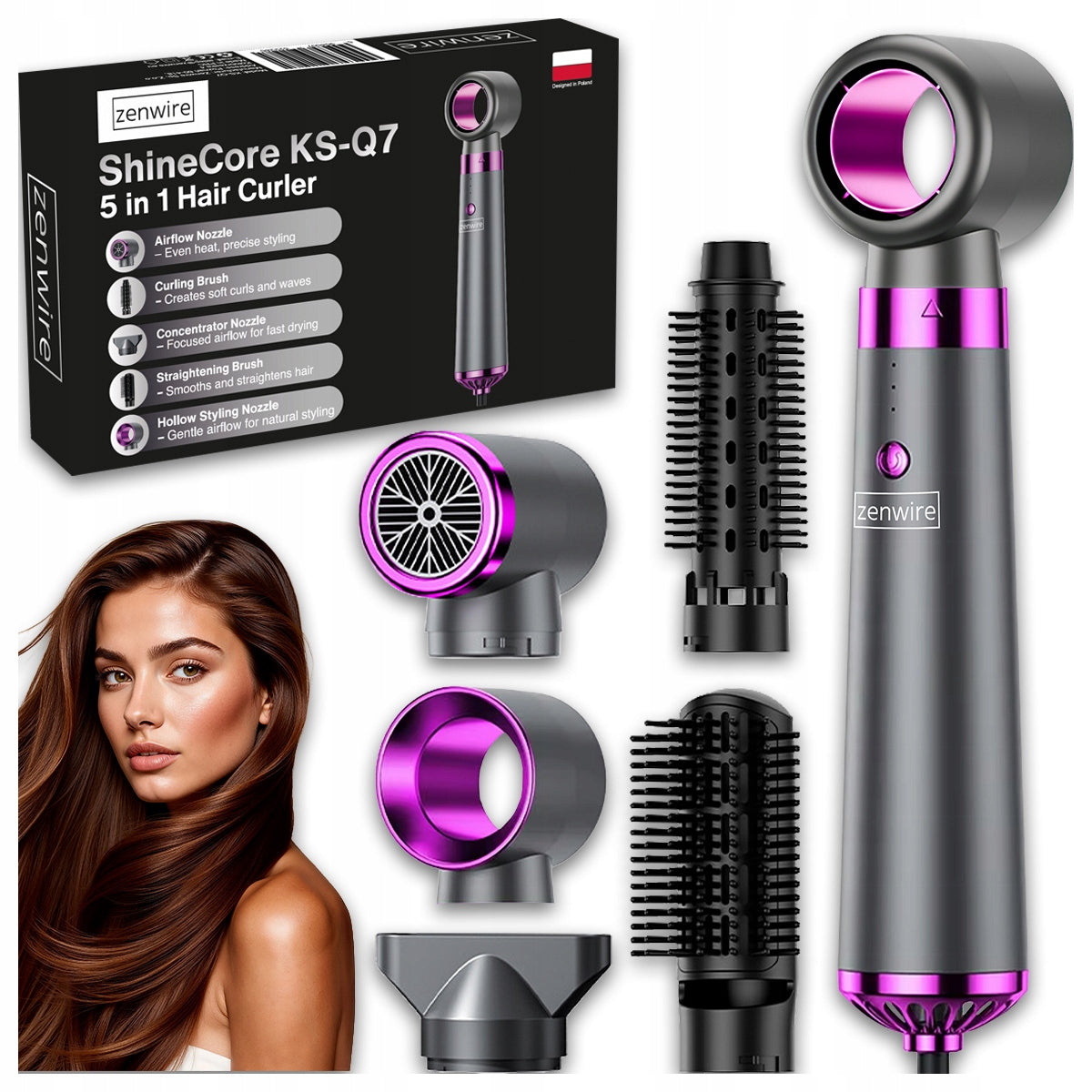 5-v-1 dryer in likalnik for lase with Ionic in brush for straightening hair - powerful set ZENWIRE KS-Q7
