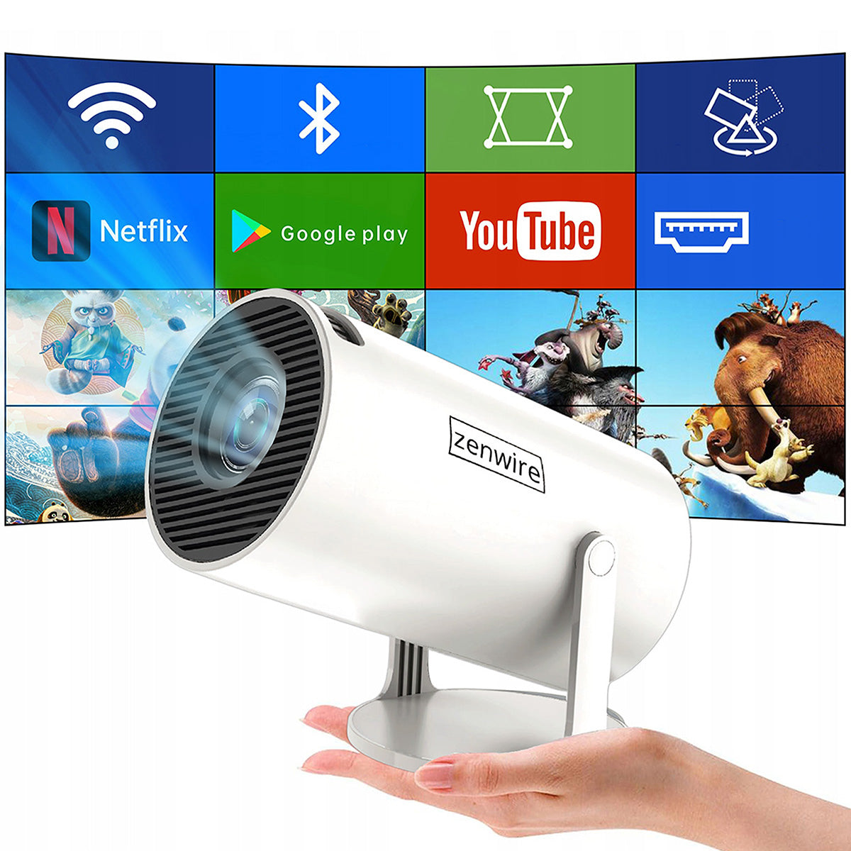 Portable Mini Projector ANDROID 13 WiFi Projector OBROTOWY FULL HD 4K Bluetooth Autokeystone 4D Zenwire R1 360