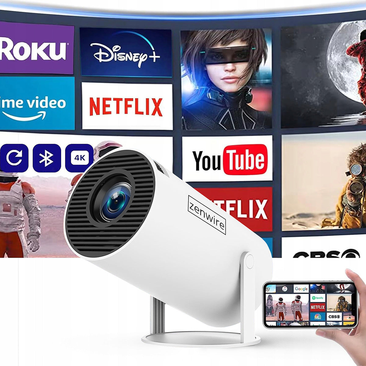 Portable Mini Projector ANDROID 13 WiFi Projector OBROTOWY FULL HD 4K Bluetooth Autokeystone 4D Zenwire R1 360