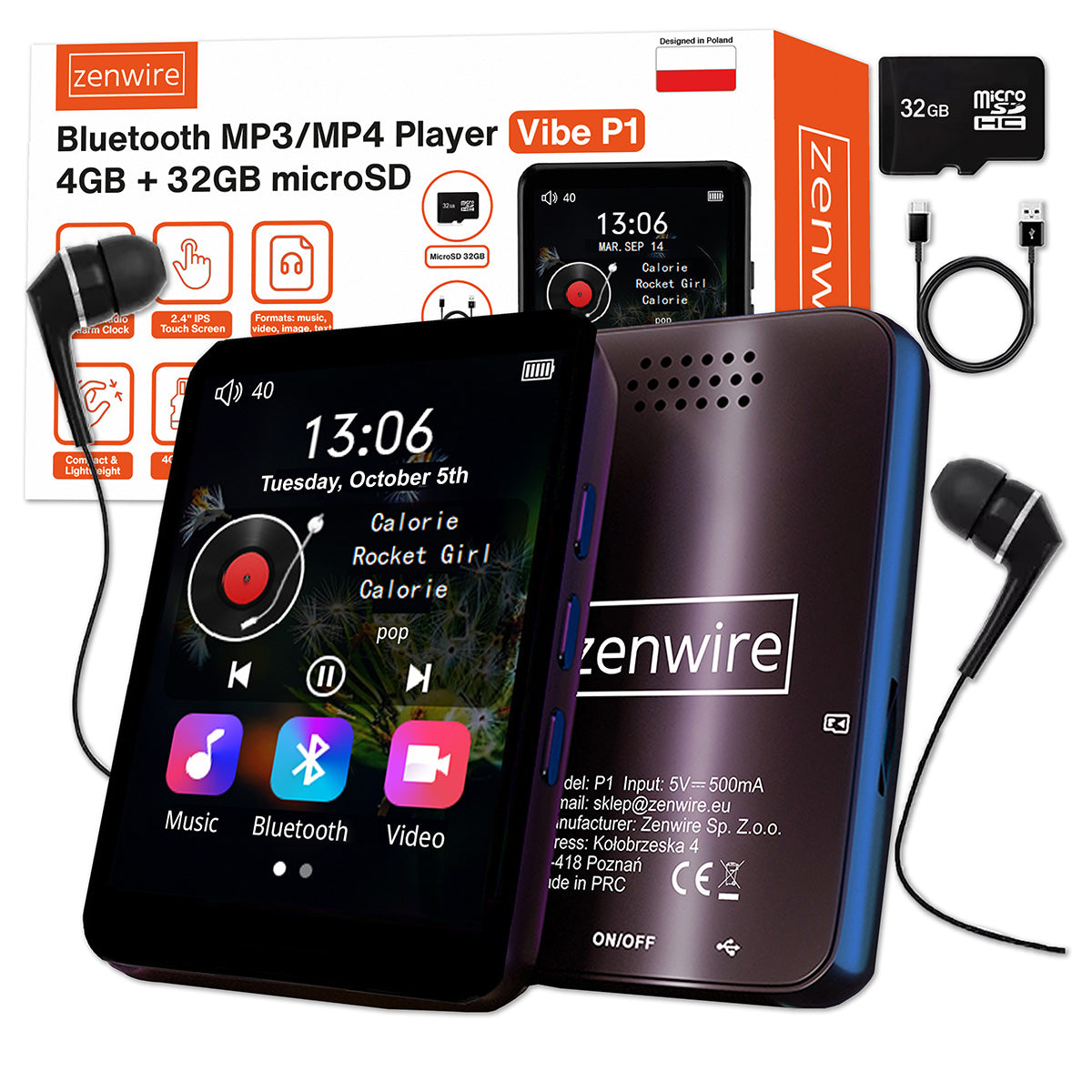 Odtwarzacz Portable MP3 MP4 Bluetooth FM Radio Voice Recorder SD Headphones 36GB Zenwire P1