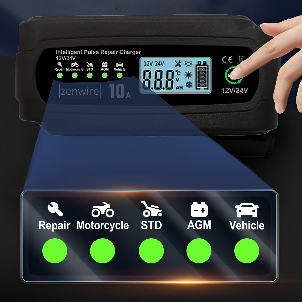 Battery Charger Charger Battery Car with Repair Mode 12V 24V 10A Zenwire JMD-10